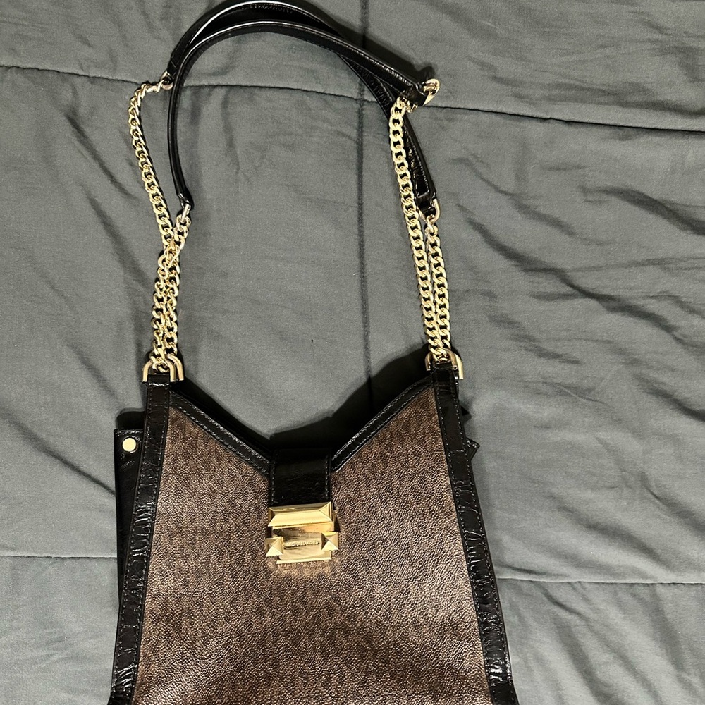 Michael Kors Whitney chain polished Leather shoulder bag Brown gold tote